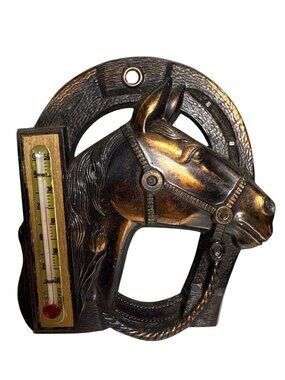 Vintage Horse Head Thermometer Horseshoe Design Copper Patina USA Wall Hanging